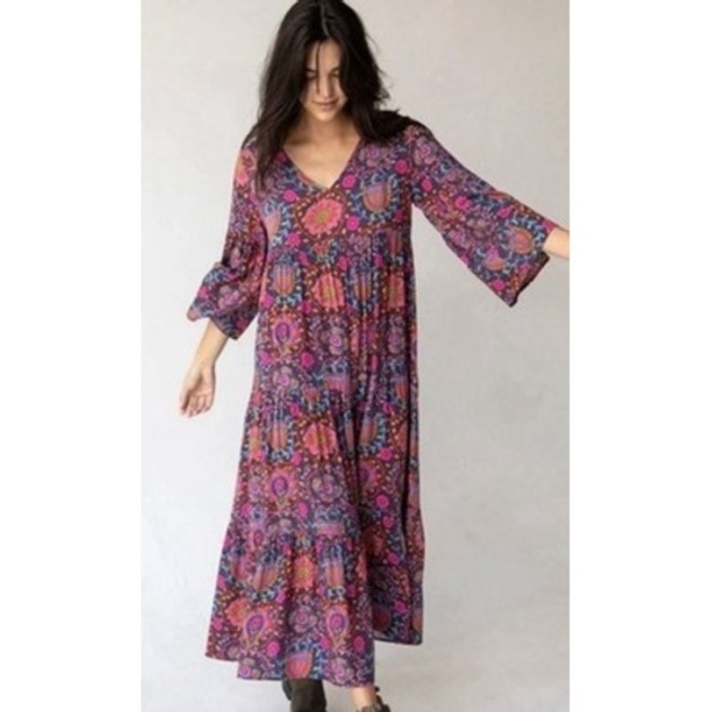 Natural Life Boho Floral Paisley Tiered Midi Dress Navy Pink Orange Small NWT
